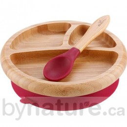 Avanchy Bamboo Suction Divided Plate & Spoon, Magenta